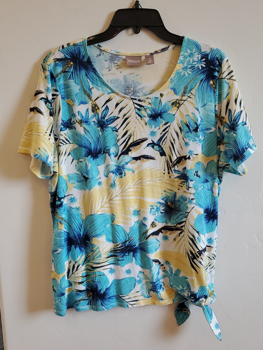 Aqua Print Popover Short Sleeve Floral Knit Tie-Hem Top XL